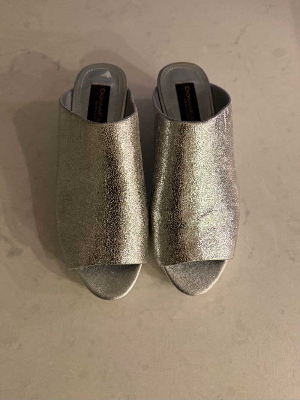 Donna Karan New York metallic wedge leather upper slip on peep toe silhouette 🩶